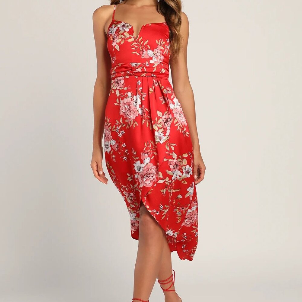My Favorite Day Red Floral Print Tulip Skirt Midi Dress